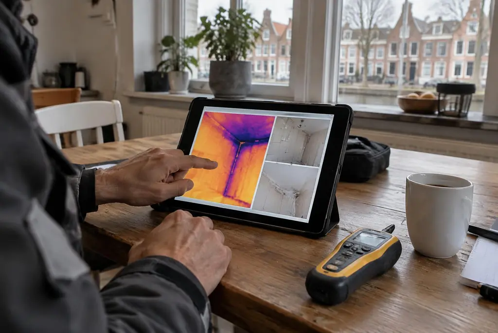 Lekdetectie Monnickendam – lekdetectierapport met warmtebeelden en foto's op een tablet