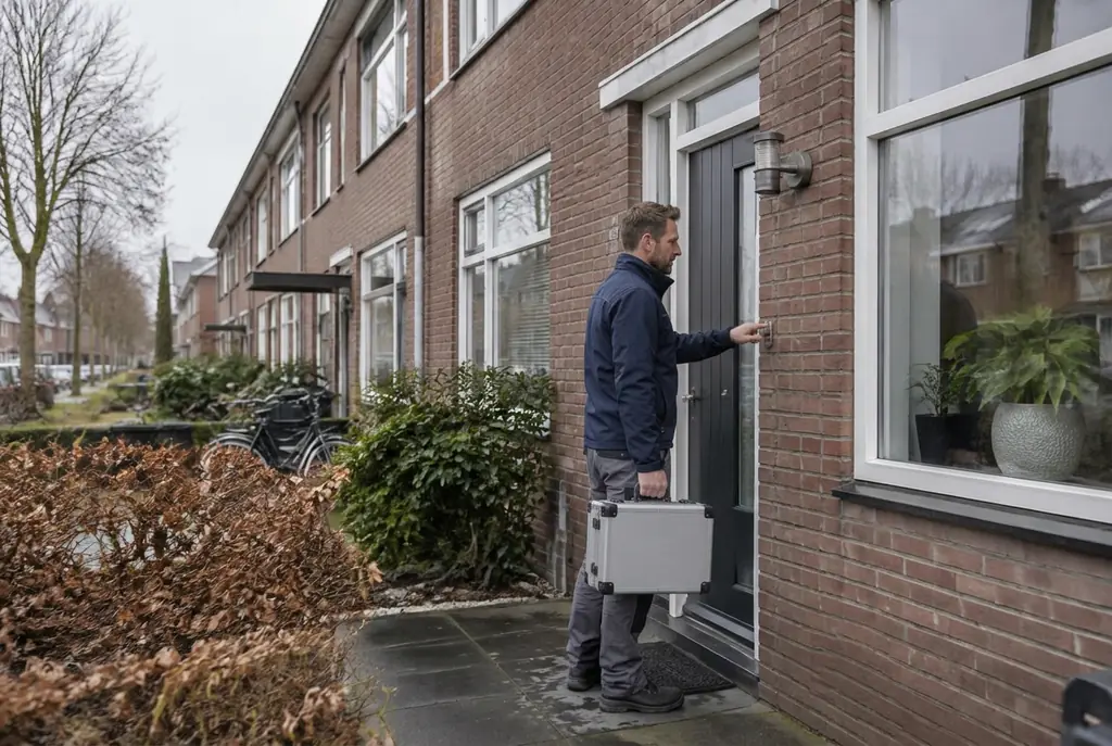 Lekdetectiespecialist met meetkoffer bij de voordeur van een woning in Monnickendam